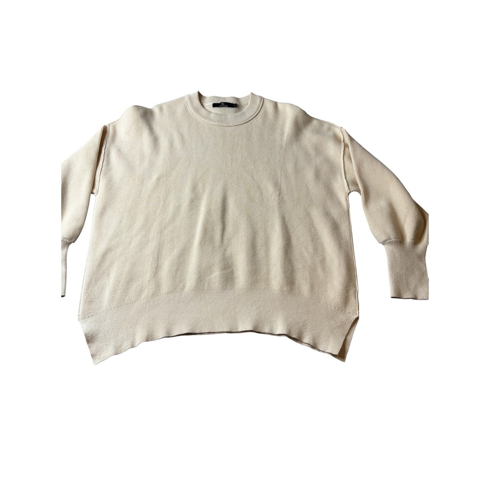 LILLUSORY Womens Oversized Crewneck Ribbed Knit Sweater Cream Beige Small